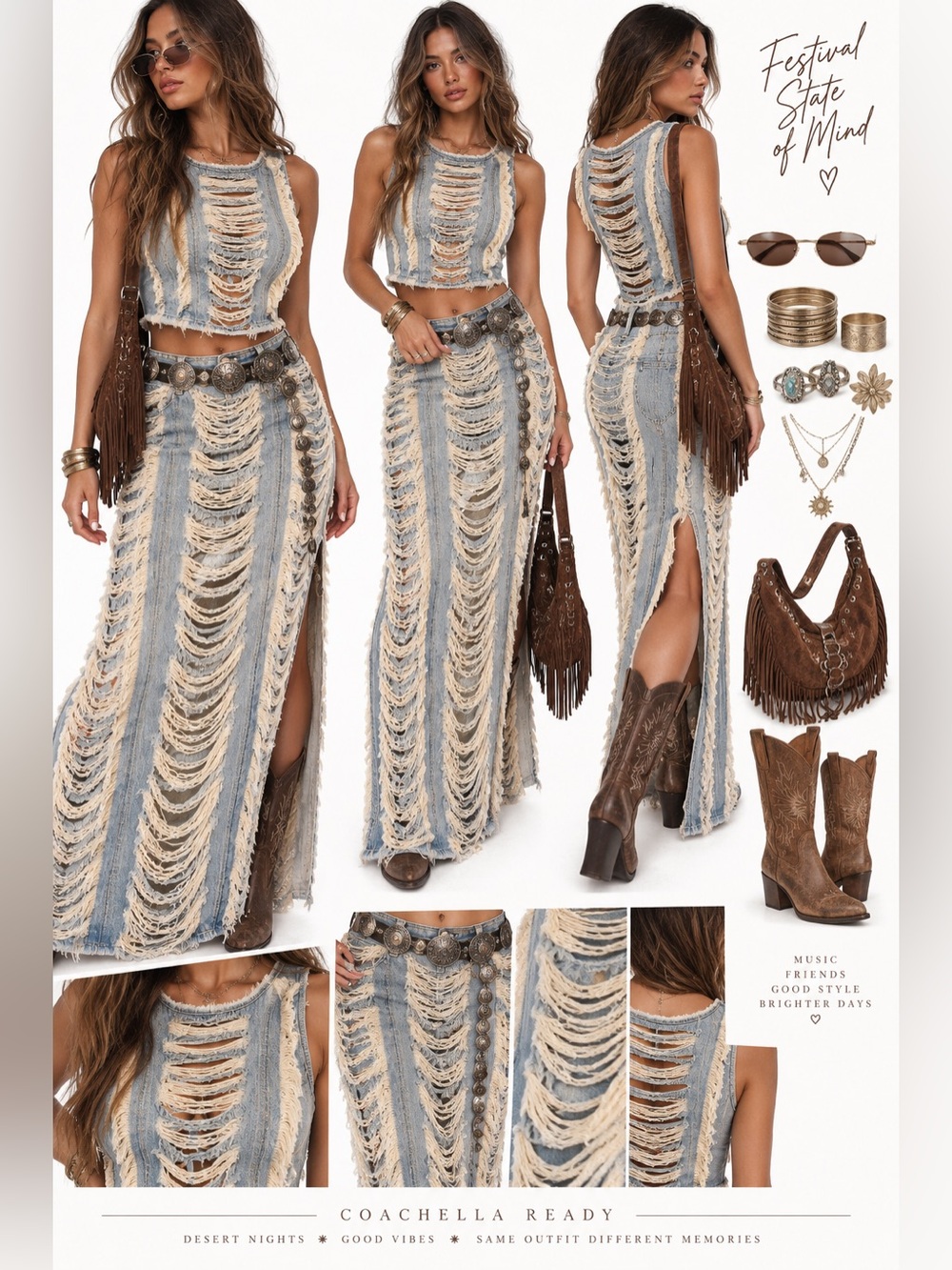 2PC SeT COACHELLA Boho DISTRESSED Maxi Skirt in Cream & Denim Blue